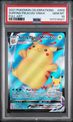 2021 POKEMON CELEBRATIONS #009 FULL ART/SURFING PIKACHU VMAX PSA 10 - Image 1