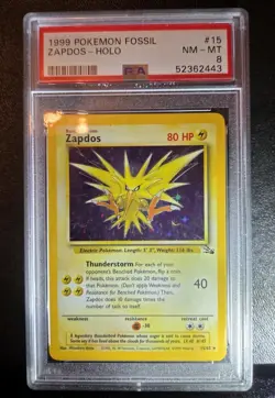 1999 Pokemon Fossil Unlimited Zapdos Holo #15 15/62 Rare PSA 8 NM-MT - Image 1