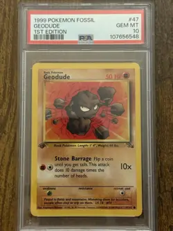 1999 Pokemon Fossil Geodude 1st Edition PSA 10 - Image 1
