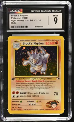 CGC 9 MINT Brock's Rhydon Gym Heroes 1st Edition 2/132 Holo Pokemon Card - Image 1