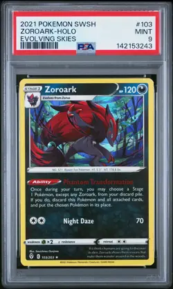 2021 POKEMON SWORD & SHIELD EVOLVING SKIES #103 ZOROARK-HOLO PSA 9 - Image 1