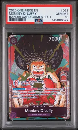 2025 ONE PIECE PROMOS BANDAI CARD GAMES FEST #073 MONKEY D. LUFFY PSA 10 - Image 1