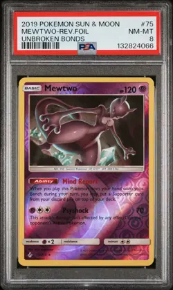 2019 POKEMON SUN & MOON UNBROKEN BONDS #75 MEWTWO-REVERSE FOIL PSA 8 - Image 1