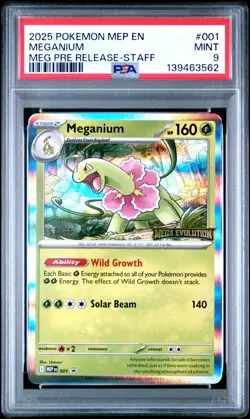2025 POKEMON MEP PROMO MEGA EVOLUTION PRERELEASE-STAFF #001 MEGANIUM PSA 9 - Image 1