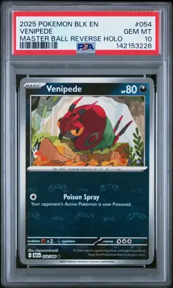 2025 POKEMON BLK EN-BLACK BOLT MASTER BALL REVERSE HOLO #054 VENIPEDE PSA 10 - Image 1