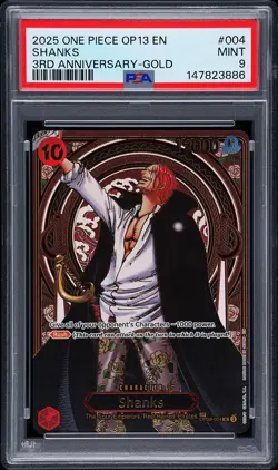 2025 ONE PIECE OP13-CARRYING ON HIS WILL 3RD ANNIVERSARY-GOLD #004 SHANKS PSA 9 - Image 1