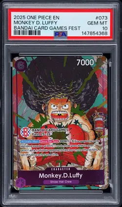 2025 ONE PIECE PROMOS BANDAI CARD GAMES FEST #073 MONKEY D. LUFFY PSA 10 - Image 1