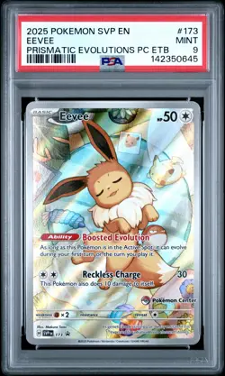 2025 POKEMON PRISMATIC EVOLUTIONS POKEMON CENTER ETB PROMO #173 EEVEE PSA 9 - Image 1