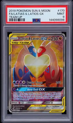 2019 POKEMON SUN & MOON TEAM UP #170 FULL ART/LATIAS & LATIOS GX PSA 9 - Image 1