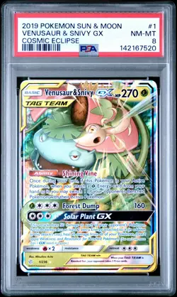 2019 POKEMON SUN & MOON COSMIC ECLIPSE #1 VENUSAUR & SNIVY GX PSA 8 - Image 1