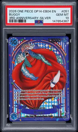 2026 ONE PIECE OP14-EB04-THE AZURE SEA'S SEVEN 3RD ANV-SILVER #051 BUGGY PSA 10 - Image 1
