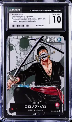 2022 ONE PIECE JAPANESE MANGA ALT ART #OP01-001 RORONOA ZORO CGC 10 - Image 1