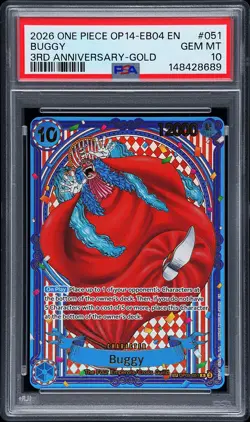 2026 ONE PIECE OP14-EB04-THE AZURE SEA'S SEVEN 3RD ANNIV-GOLD #051 BUGGY PSA 10 - Image 1