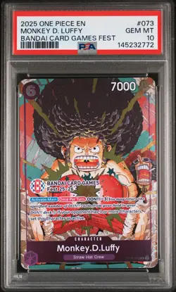 2025 ONE PIECE PROMOS BANDAI CARD GAMES FEST #073 MONKEY D. LUFFY PSA 10 - Image 1