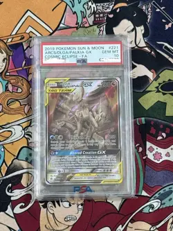 Pokemon TCG Arceus Dialga Palkia GX Card 221/236 Cosmic Eclipse Tag Team PSA 10 - Image 1