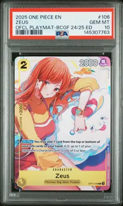 2025 ONE PIECE PROMOS PLAYMAT-BANDAI CARD GAMES FEST 24-25 #106 ZEUS PSA 10 - Image 1