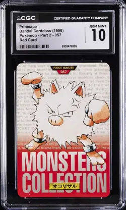 1996 POKEMON BANDAI CARDDASS POKEMON - PART 2; RED CARD PRIMEAPE CGC 10 GEM MINT - Image 1