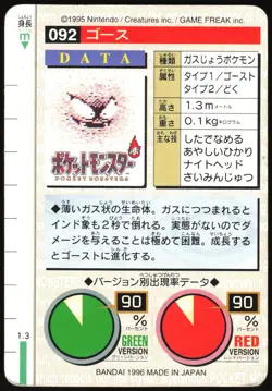 GASTLY NO. 092 BANDAI CARDDASS SERIES 1-2 G POKEMON JAPANESE GREEN 1996 HP - Image 3