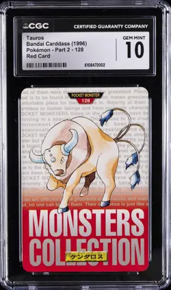1996 POKEMON BANDAI CARDDASS POKEMON - PART 2; RED CARD TAUROS CGC 10 GEM MINT - Image 1