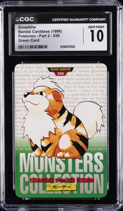 1996 POKEMON BANDAI CARDDASS #058 GROWLITHE CGC 10 GEM MINT - Image 1