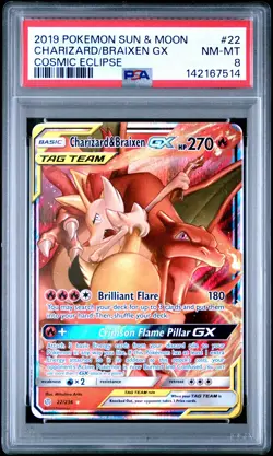 2019 POKEMON SUN & MOON COSMIC ECLIPSE #22 CHARIZARD & BRAIXEN GX PSA 8 - Image 1