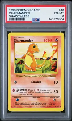 1999 POKEMON BASE SET SHADOWLESS #46 CHARMANDER PSA 6 - Image 1