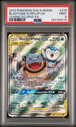 2019 POKEMON SUN & MOON COSMIC ECLIPSE #215 FULL ART/BLASTOISE & PIPLUP GX PSA 9 - Image 1