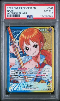 2025 ONE PIECE OP11-A FIST OF DIVINE SPEED ALTERNATE ART #041 NAMI PSA 8 - Image 1