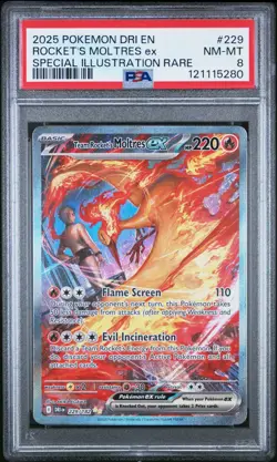 2025 POKEMON DRI EN-DESTINED RIVALS #229 TEAM ROCKET'S MOLTRES EX PSA 8 - Image 1