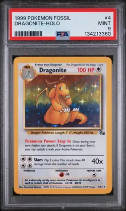 1999 POKEMON FOSSIL #4 DRAGONITE-HOLO PSA 9 - Image 1