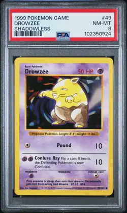 1999 POKEMON BASE SET SHADOWLESS #49 DROWZEE PSA 8 - Image 1