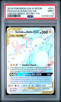 2019 POKEMON SUN & MOON UNIFIED MINDS FULL ART/RAICHU & ALOLAN RAICHU GX PSA 9 - Image 1