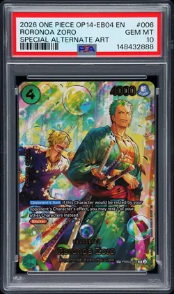 2026 ONE PIECE THE AZURE SEA'S SEVEN SPECIAL ALT ART #006 RORONOA ZORO PSA 10 - Image 1