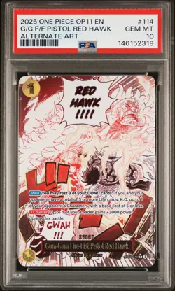 2025 ONE PIECE OP11 ALTERNATE ART #114 GUM-GUM FIRE-FIST PISTOL RED HAWK PSA 10 - Image 1