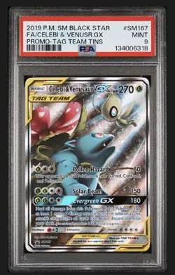 2019 POKEMON SM TAG TEAM TINS #SM167 FULL ART/CELEBI & VENUSAUR GX PSA 9 - Image 1