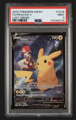 2022 POKEMON SWORD & SHIELD LOST ORIGIN #TG16 FULL ART/PIKACHU V PSA 9 - Image 1