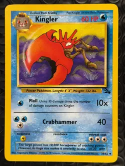 Kingler 38/62 Base Set Series Fossil UNCOMMON Stage 1 Pokemon Card 1999 WOTC NM - Image 1