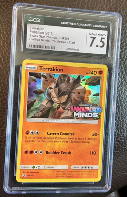 Terrakion SM205 STAFF stamp Unified Minds PreRelease 2019 Pokemon BSP CGC 7.5 - Image 1