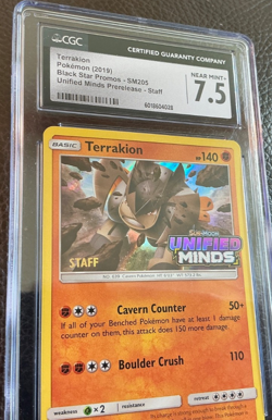 Terrakion SM205 STAFF stamp Unified Minds PreRelease 2019 Pokemon BSP CGC 7.5 - Image 3