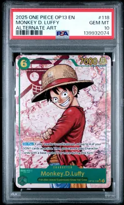 2025 ONE PIECE OP13 118 CARRYING ON HIS WILL MONKEY D LUFFY SEC ALT ART PSA 10 - Image 1