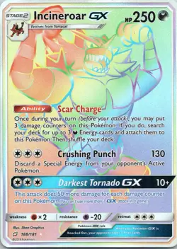 Pokemon TCG - Incineroar GX 188/181 Rainbow Secret Rare Sun & Moon Team Up - Image 1