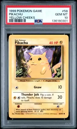 1999 POKEMON GAME #58 PIKACHU YELLOW CHEEKS PSA 10 GEM MINT BASE SET UNLIMITED - Image 1