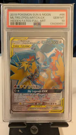2019 POKEMON SUN & MOON HIDDEN FATES FA/MOLTRES ZAPDOS ARTICUNO GX PSA 10 - Image 1