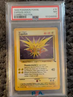 1999 Pokemon Fossil - Zapdos 15/62 Fossil Holo Corrected Foil - PSA 7 - Image 1