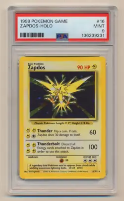 PSA 9 Pokemon Base Set Unlimited Holo Rare Zapdos 16/102 MINT Condition! - Image 1