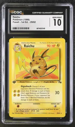 CGC 10 GEM MINT Raichu 1999 Fossil 1st Edition 29/62 Pokemon Card - Image 1