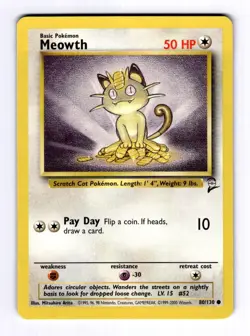 Meowth Base Set 2 #080 (2000) Common NM Pokemon - Image 1
