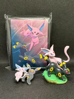 Pokemon Prismatic Evolutions Umbreon & Espeon - Mini Figure, Pin & Sleeves only - Image 1
