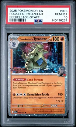 2025 POKEMON DESTINED RIVALS PRERELEASE-STAFF #096 TEAM ROCKETS TYRANITAR PSA 10 - Image 1