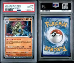 2025 POKEMON DESTINED RIVALS PRERELEASE-STAFF #096 TEAM ROCKETS TYRANITAR PSA 10 - Image 3
